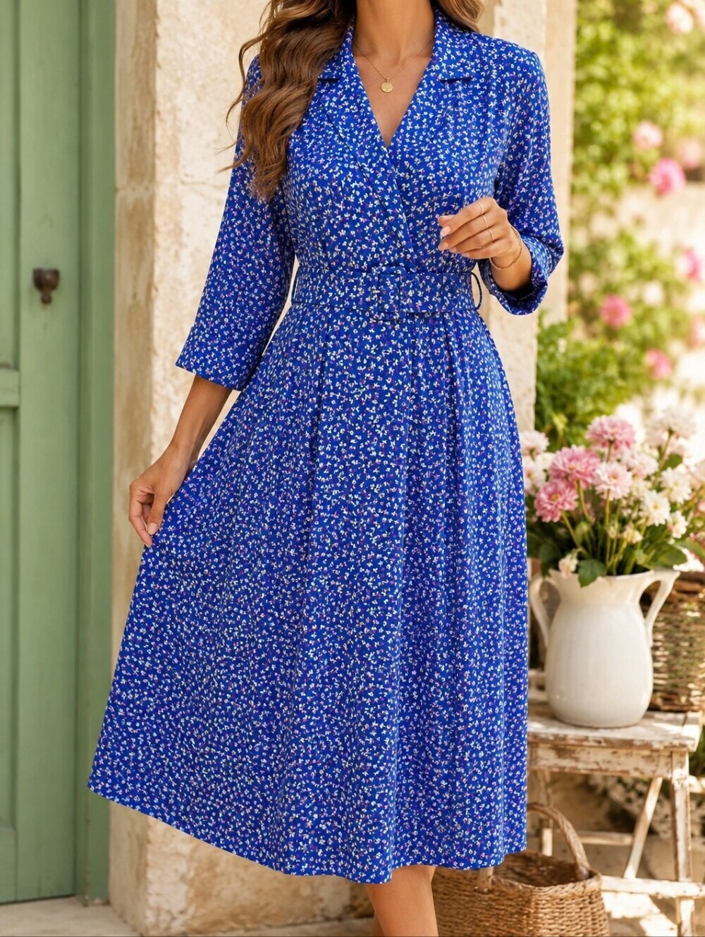 Vintage Blue Floral Midi Dress Made in Canada 70s 80s Cottagecore Romantic
